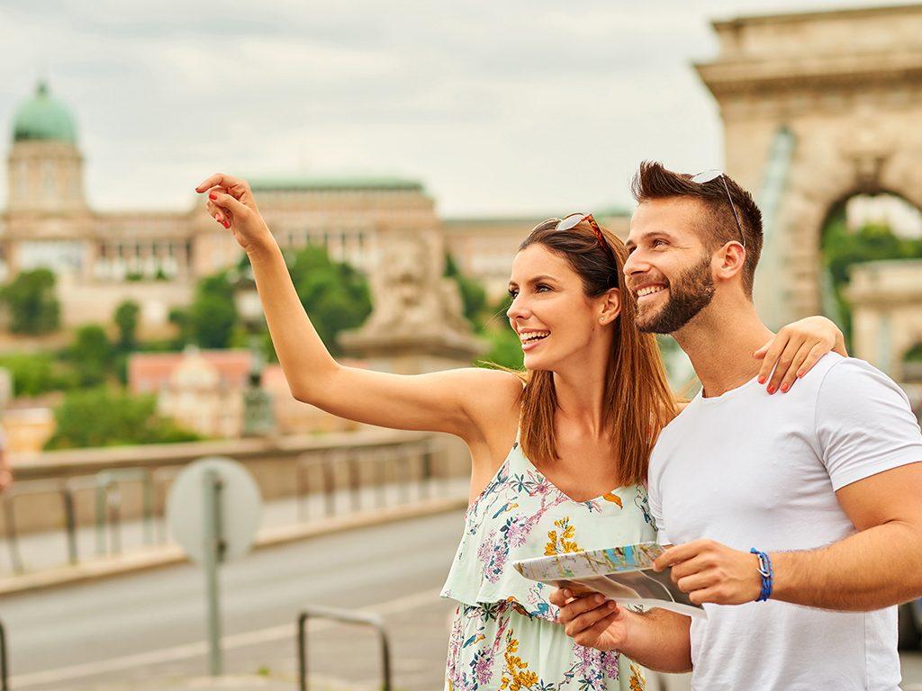 Young tourist couple spending a day in Budapest